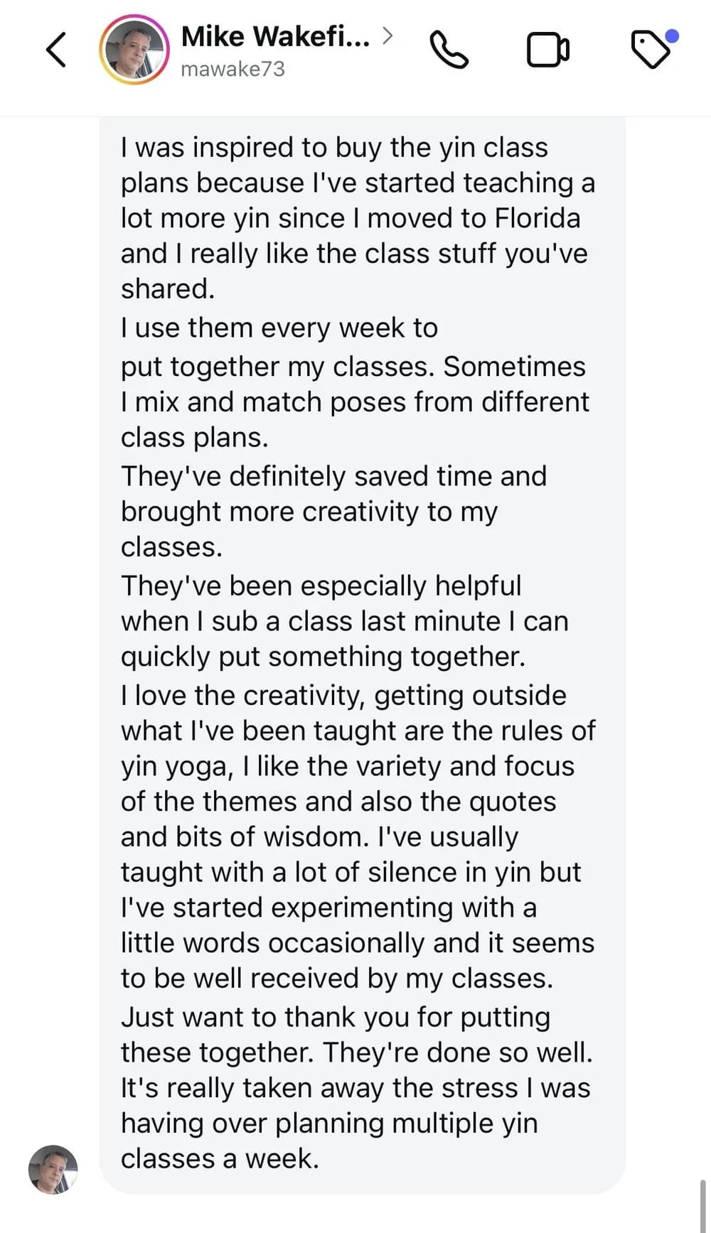 Screenshot of an Instagram direct message from @mawake73