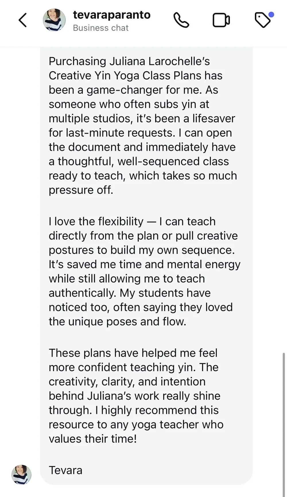 Screenshot of an Instagram direct message from @tevaraparanto